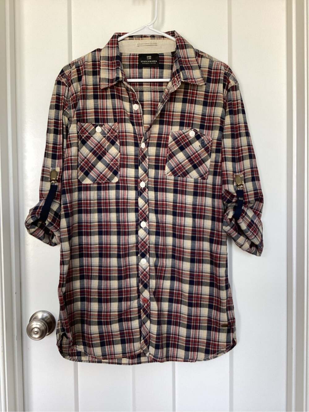 Scotch & Soda Amsterdam Plaid Button-Down Shirt Size L men Cotton Linen Roll-Tab